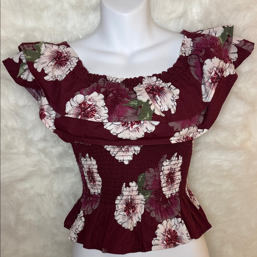 Planet Gold Burgundy Floral Ruffle Blouse